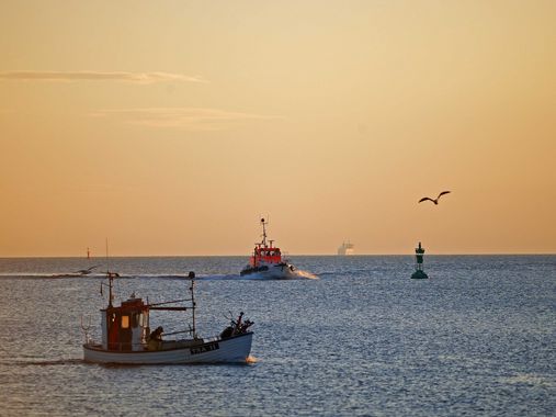 Fischerboote bei Sonnenaufgang in Travemünde